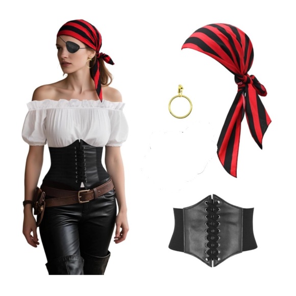 Prebene Accessories - 4 Piece Pirate Costume Set For Women - Top, Belt, Earring, Head Scarf 2XL Top